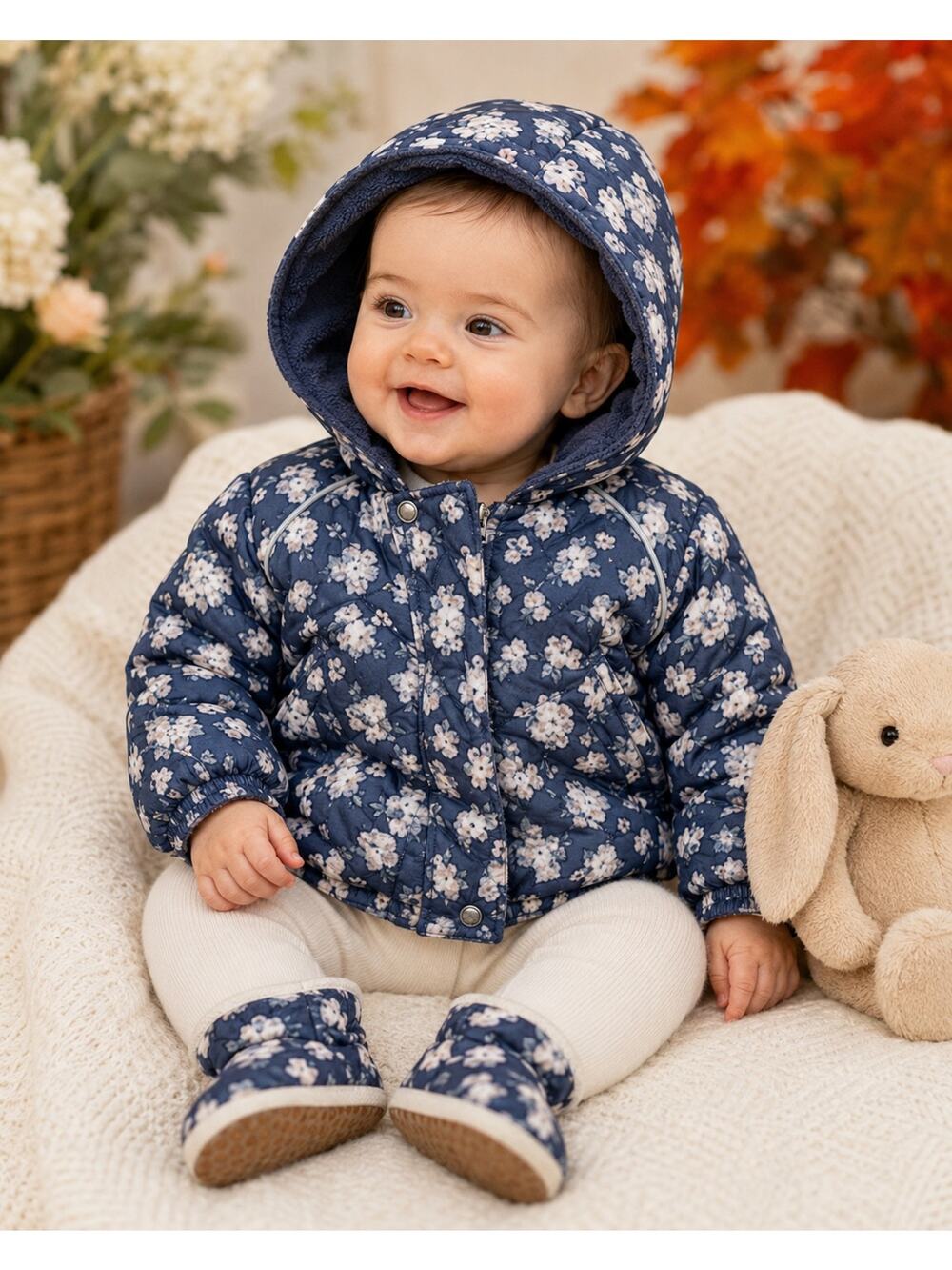 Baby Gap Floral Hooded Puffer Jacket & Matching Booties Set 0-6M